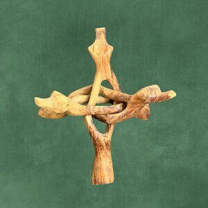 Hand Carved Three Headed Animal Wood Art Stand from Single Piece of Wood